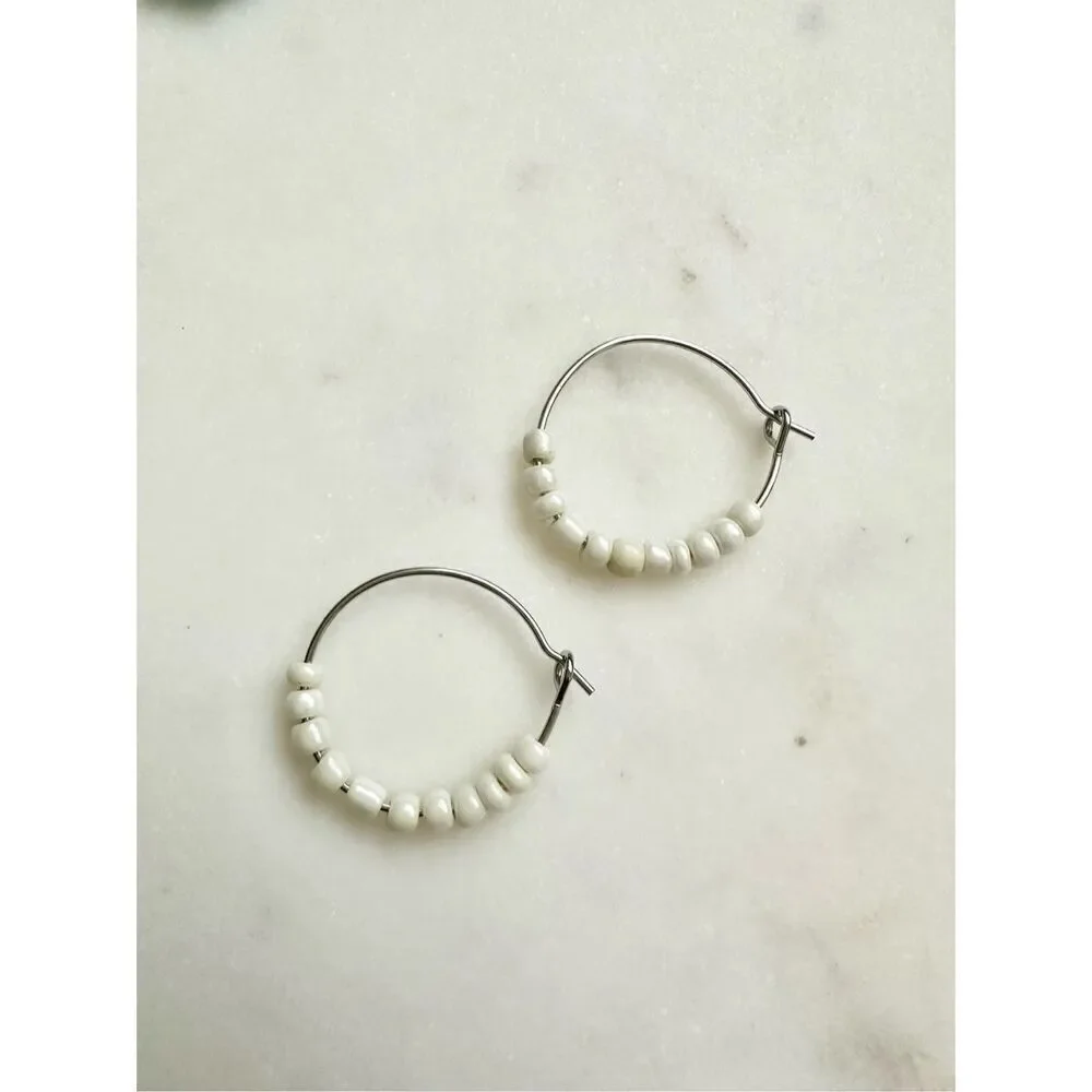 White petit beaded hoop earrings